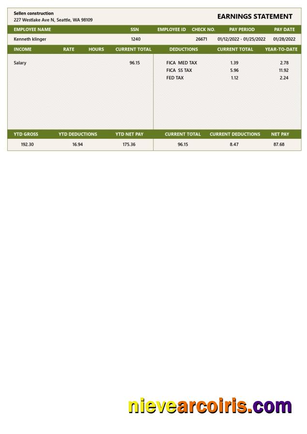 Sellen construction earnings statement